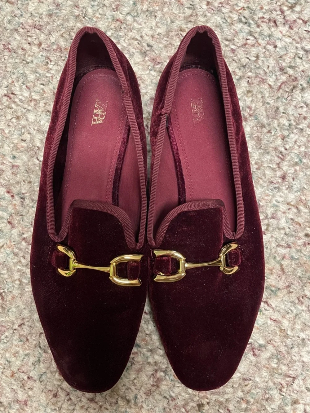 Zara Velvet Slip-On flat Loafers with Gold Bit - Burgundy - Picture 2 of 7